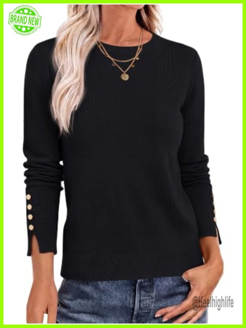 Lightweight Viscose Button Cuff Crewneck Sweater Women's Pullover Fall